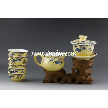 &quot;Sowbrew Flower&quot; Gelbe Glasur Porzellan Geschirr Set, 1 Gaiwan, 1 Krug und 6 Tassen